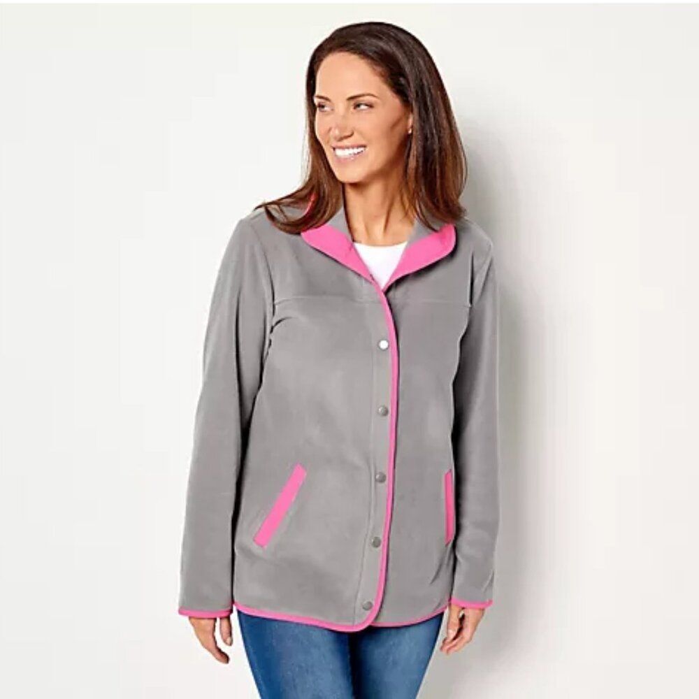 Susan graver weekend polar fleece jacket w/ contrast trim | xs | gray pink nwot